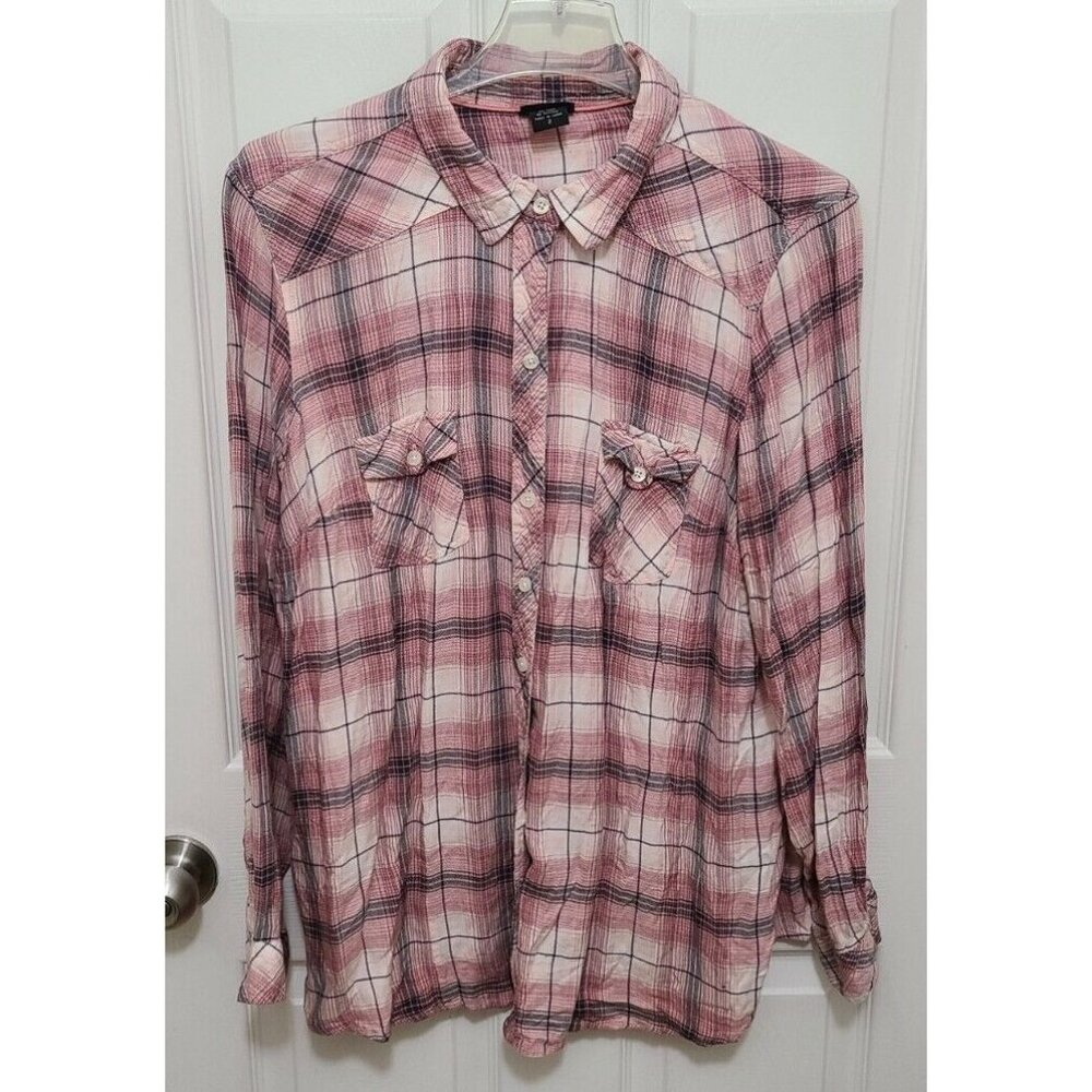 Torrid Women's Long Sleeve Button Up Blouse Top Pink Plaid‎ Rayon Plus Size 2X